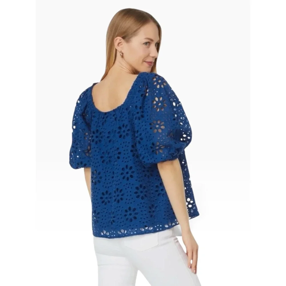 Lilly Pulitzer Women Blue Eyelet Embroidered Puff Sleeve Square Neck Top Size M